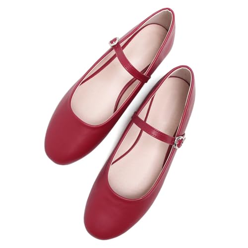 Hee grand Retro Soft Leather Mary Janes Shoes for Women Comfort Round Toe Ballet Flats with Ankle Strap Casual Portable Shoes