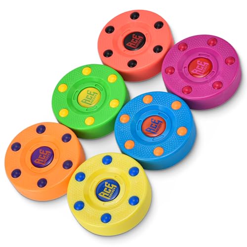 ACE HOCKEY Roller Hockey Pucks – 6-Pack, 3' Regulation Size – Indoor/Outdoor Practice for Asphalt, Concrete & Sport Court – Smooth Gliding Puck for Street, Inline & DEK Hockey – Bright Rainbow Colors