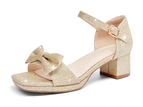 Coutgo Girls Sandals Chunky Low Heels Bow Open Toe Dress Pump Ankle Strap Flower Girl Wedding Party Shoes Gold Glitter Size 2