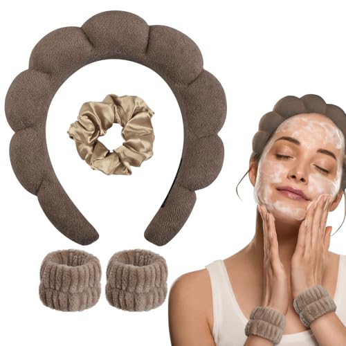 WD&CD Bandeau spa pour femme, 1 bandeau de maquillage, 2 bandeaux de poignet et 1 chouchou pour le lavage du visage, les soins de la peau, la douche, le...
