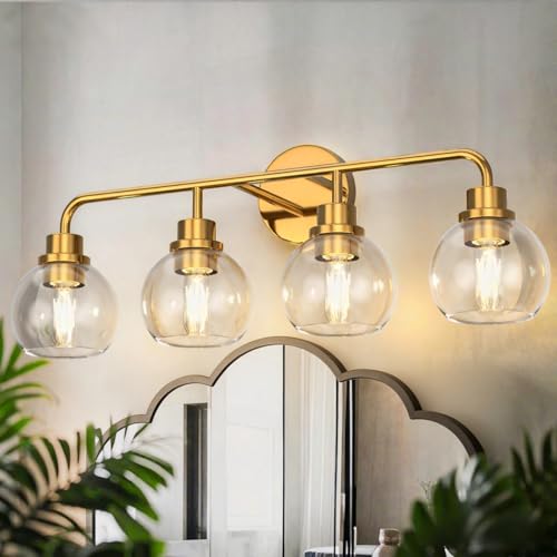 Image of DORESshop Bathroom Light Fixtures, 4-Light Gold Vanity Lights Over Mirror, Wall Lamp Clear Glass for Living Room Decor Bedroom Porch Cabinet