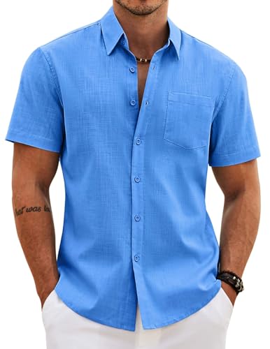 Image of COOFANDY Men's Button Down Short Sleeve Shirt Casual Cotton Summer Beach Wedding Linen Shirts with Pocket