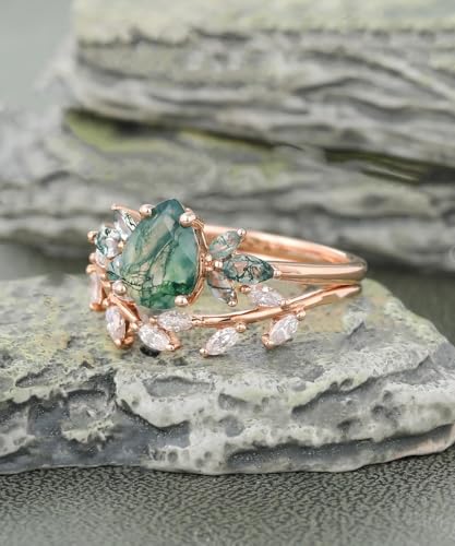 Natural Moss Agate Engagement Ring Set 1.5 CT Pear Cut Vintage Wedding Ring Set 925 Sterling Silver 10K 14K 18K Gold4