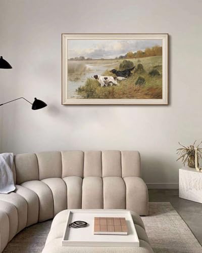 KISSFOX Vintage Framed Wall Art Dogs In Field Canvas Wall Art Nature Country Farmhouse Landscape Art Prints Artwork For Living Room Bedroom Bathroom Kitchen 24x36inch - Image 4