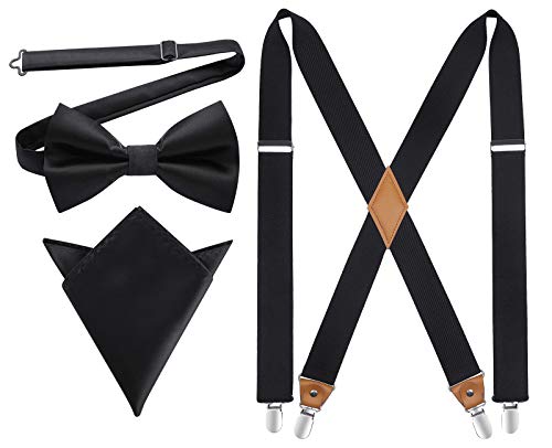 Image of HISDERN Bow Tie and Suspenders for Men Elastic X-Back Suspender and Bowtie Set Adjustable Braces for Wedding Tuxedo