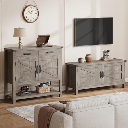 Farmhouse Console Table with 2-Door Cabinet and 2 Drawers, Buffet Cabinet with Storage Shelf, Wood Coffee Bar Cabinet for Kitchen, Dining Room, Living Room, Entryway (Gray)