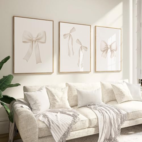 Xiyocadt 3er Premium Poster Set,Leinwand Bilder Modern Aesthetic Cremefarben Schleife MädchenWandbilder,Mädchen Wohnzimmer Schlafzimmer Deko Kunstdruck Leinwandbild, Ohne Rahmen (21x30cm)