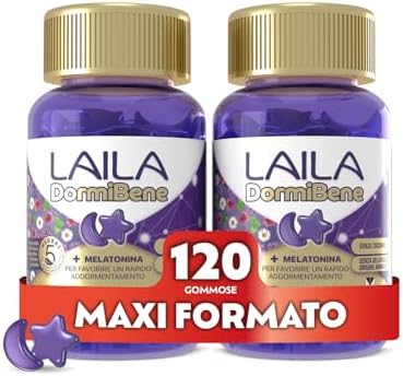 Laila DormiBene Integratore alimentare per il sonno a base di Herbal 5 Complex e Melatonina per favorire un rapido addormentamento. Confezione da 120 pastiglie gommose. Senza zuccheri