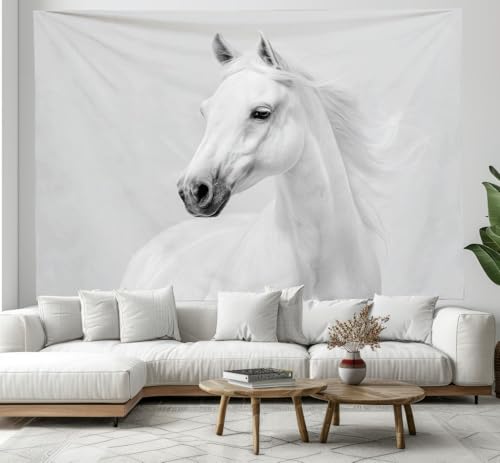 DLERFLOVR Tapisserie Murale - 150x100 cm - Grande Tissu Tapisserie Magnifique Cheval Blanc Panoramique Décoration Minimalisme Tapestry pour Dortoir Chambre...