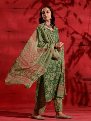 Nainvish Women's Green Printed Straight Rayon Sweetheart Neck Kurta Pant With Dupatta (Sd692_Kbd-Xxl)