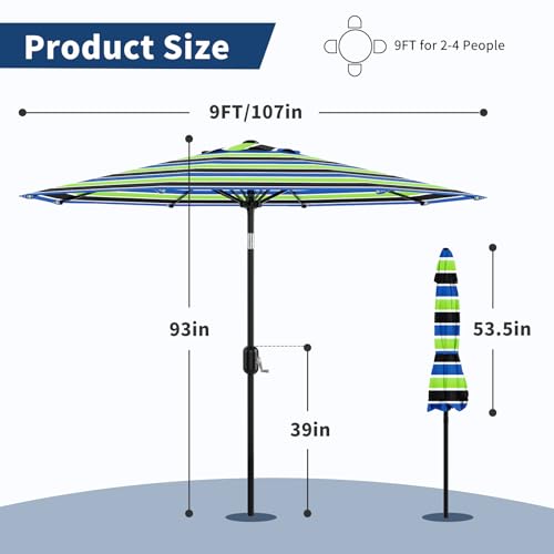 Patio Umbrella 9ft, Table Umbrella Outdoor Patio UV Protection with Crank Lift & Push Button Tilt, 8 Sturdy Ribs for Yard, Deck, Pool - Tricolor Stripe
