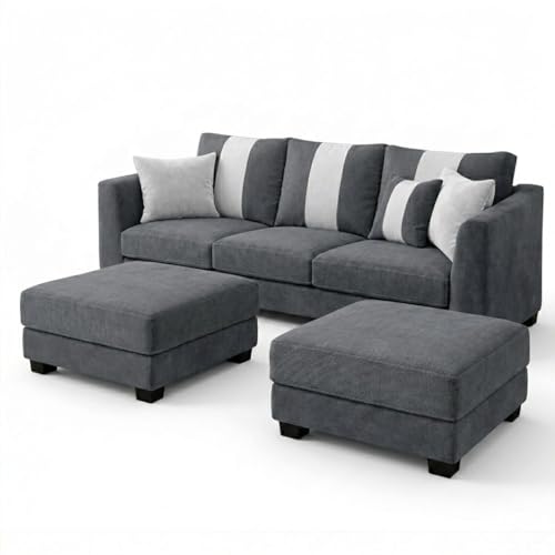 Image of Revo 5 Seater L Shape Sofa Set with 2 Movable Ottomans | Flexible Layout | Luxury Velvet Suede Fabric | Modern Living Room Sofa | Dark Grey