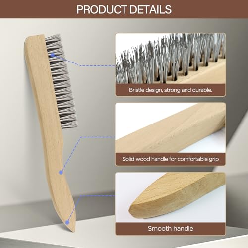 Image of Heavy Duty Stainless Steel Wire Brush, 1Pcs 10 inch | Curved Beechwood, Long Handle, Scratch Brush, For Rust, Metal, Paint, Welding, Automotive & Household Cleaning