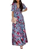 BLENCOT Women's Summer Boho Floral Printed Dress Deep V Neck Short Sleeve Evening Cocktail Party Maxi Wedding Long Dresses Sky Blue Large