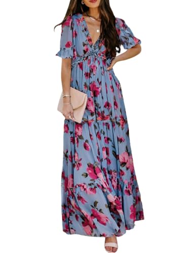 BLENCOT Women's Summer Boho Floral Printed Dress Deep V Neck