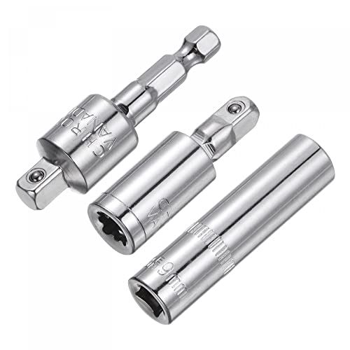 sourcing map Socket Accessory Set, 9mm Deep Socket 360° Rotatable Hex Shank Impact Driver Adaptor Universal Joints with 1/4 Drive