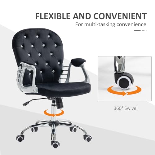 Vinsetto Velvet Home Office Chair, Button Tufted Desk Chair with Padded Armrests, Adjustable Height and Swivel Wheels, Black