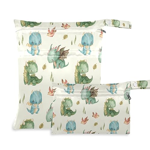 GOODOLD Watercolor Dragon Wet Dry Bag for Baby Cloth Diaper Waterproof Reusable Travel Wet Bag with Two Zippered Pockets for Swimsuits, 2 Pcs