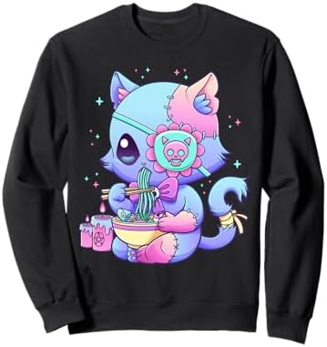 Pastel Goth Aesthetic Kawaii Creepy Cat Eating Ramen Noodles