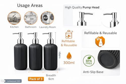 Image of LAGET 300ml Soap Dispenser for Wash Basin - Plane Ribbed Design | Kitchen and Bathroom Accessories Items | Refillable Handwash Dispenser Bottle- Set of 3 (Black)