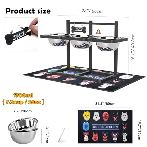 SHAINFUN Elevated Dog Bowls Stand for Medium/Large Dogs with Mat, 6 Height Adjustable Raised Dog Bowl, Three 58oz Food Water Bowls - Image 4