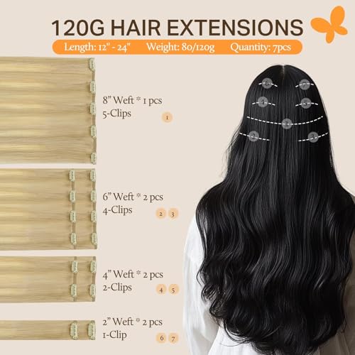 Image of DOORES Clip-in Hair Extensions - Real Human Hair, Dirty Blonde & Platinum Blonde Mix, 24 Inch, 120g, 7pcs, Remy, Silky Straight, Thick