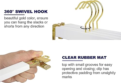 Amber Home 10 Stück 36cm Weiß Kleiderbügel aus Holz, Robust und Glänzend Hosenbügel Aufhänger für Hosen Shorts Rock Socken Unterwäsche, mit rutschfest Clips und Drehbar Haken (Gold 10)