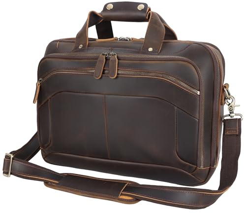 Masa Kawa Leather Briefcases Laptop Bag for Men for 15.6 inch Computer Vintage Brown Crossbody Shoulder Messenger Bags, Business Travel Office Work Teacher Organizer Professional Brief Case Handbag