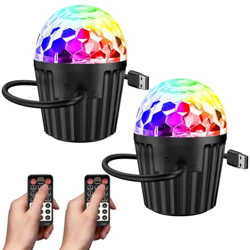 Flaroey Paquete de 2 mini luces de bola de discoteca portátiles para fiesta, luz estroboscópica RGB DJ con control remoto, luces de escenario activadas por sonido