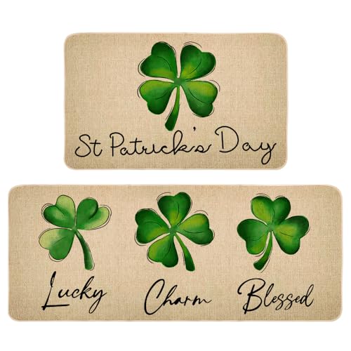 St-Patricks-Day-Kitchen-Rug-Set-of-2-Non-Slip-Absorbent-Door-Mats-Seasonal-Lucky-Green-Shamrock-Clover-Decorative-Kitchen-Floor-Mat-17x29-and-17x47-Inch-DM127 St Patricks Day Kitchen Rug Set of 2 Non Slip Absorbent Door Mats Seasonal Lucky Green Shamrock Clover Decorative Kitchen Floor Mat 17×29 and 17×47 Inch DM127
