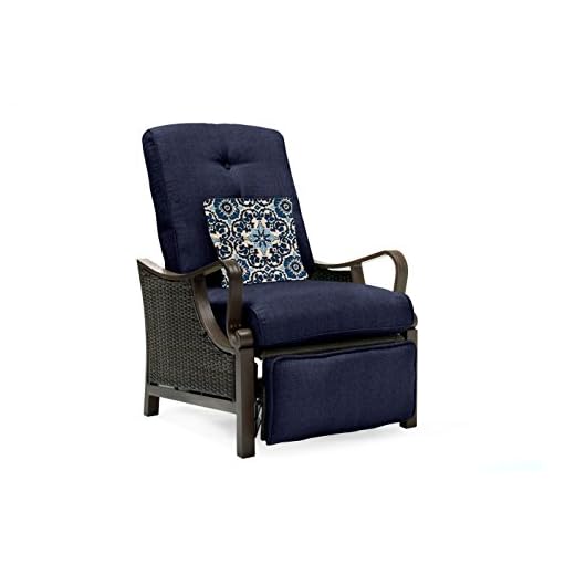 Hanover Ventura Steel Outdoor Patio Woven Luxury Brown Wicker, Navy Blue Cushions and Pillow, VENTURAREC-NVY Recliner