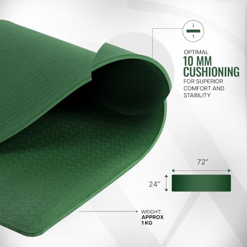 Image of WiseLife Classic Eco-TPE 10 MM Yoga Mat with Yoga Strap for Men & Women | Extra Thick, Long & Wide Non-Slip, Anti-Tear Exercise Mat for Home, Gym, Workout, Fitness, Yoga & Pilates (Green)
