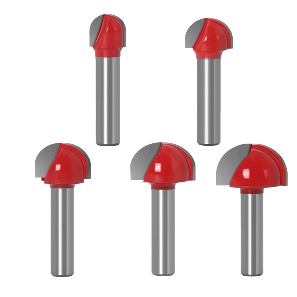 ASNOMY 5-częściowy frez górnowrzecionowy 8 mm, z twardego metalu, okrągły nos, Cove Core Box, frez kulowy, do obróbki drewna – 12 mm/16 mm/19 mm/22 mm/25,4 mm