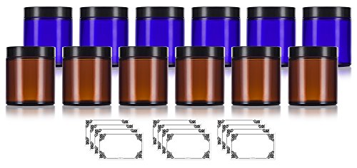 Cobalt Blue and Amber Glass Straight Sided Jar Set of (4 oz /120 ml) 12 Pack - 6 of each color + Labels
