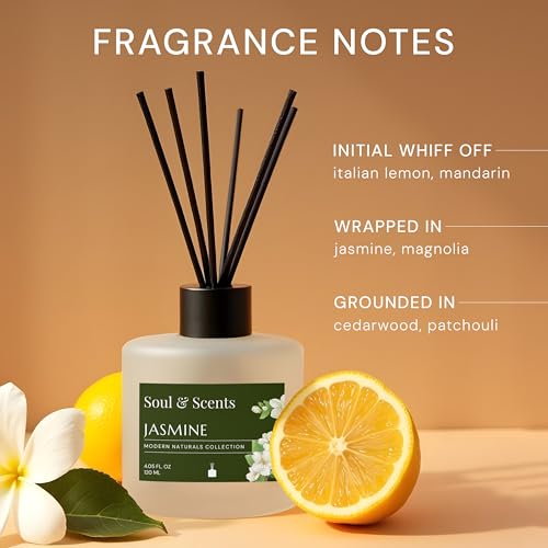 Image of Soul & Scents Jasmine Reed Diffuser Set - 120ml with Free 6 Fiber Reed Sticks Each | Toxin Free & Stress Relief | Long Lasting | Smoke Less Room Freshener for Home, Bedroom & Office | Pack of 2