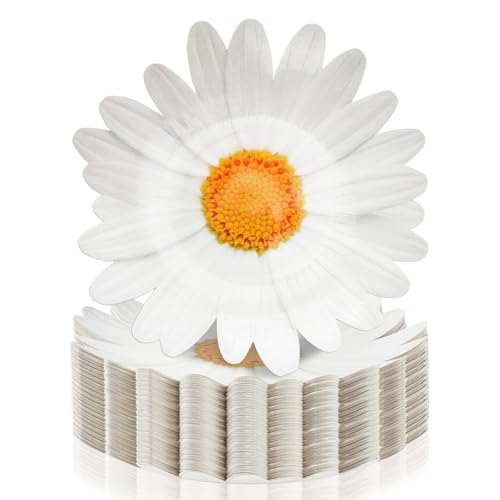 Yicentdp 100 Pack Daisy Floral Paper Plates Flower Disposable Dinner Plates 9.5 Inch Spring Summer Tableware for Boho Groovy Birthday Wedding Baby Shower Party Supplies (White)