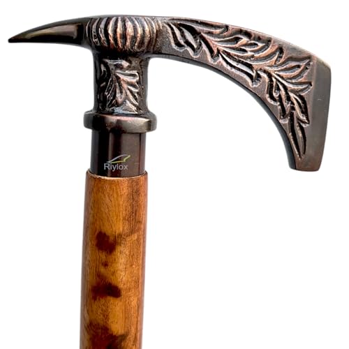 Riylox Vintage Walking Cane Decorative Wooden Staff with Carved Axe Handle Handmade Collectible Walking Stick Cane for Man and Women Unique Designer Collectable Gift.