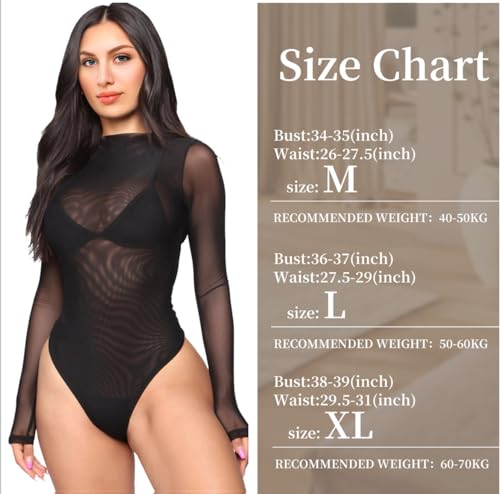 SamHeng Women Bodysuit Long Sleeve Sheer Mesh Body Suit Turtle Neck Black See Through Slim Fit Sexy Jumpsuit Leotard Top Clubwear, M - Image 6