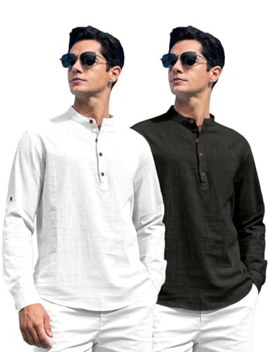 Image of ROYALSCOUT Combo of Men's Solid Cotton Blend Full Sleeve Straight Kurta Shirt (Pack of 2)