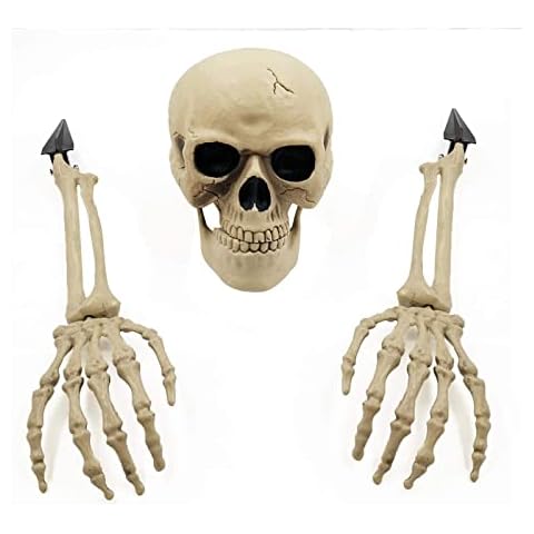 DRYEN 3 Pcs Led Halloween Skeleton Decoration Stakes, Glowing Skull Head with Lights, Life Size Hands Arm for Indoor Outdoor Party Horror Decor (2 + 1 Head), White Cover