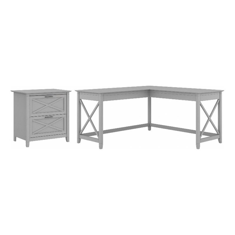 Bush Furniture L Shaped Desk with Lateral File Cabinet | Key West Collection Corner Computer Table with Storage for Home Office with Filing Unit |
