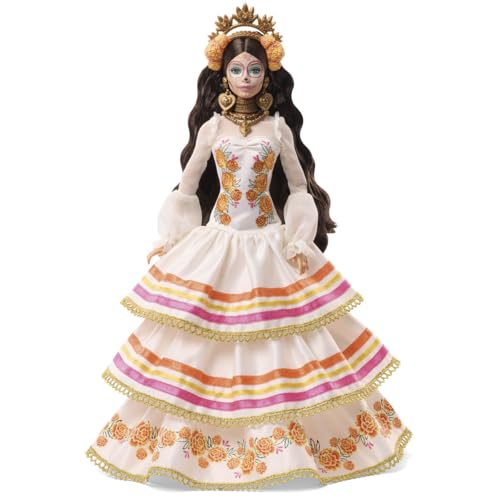 Barbie Signature Poupée Día De Muertos avec robe couleur crème à volants avec soucis et ruban couronne de fleurs et maquillage calavera JBJ05 - vue 6