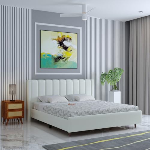 Image of Ganpati Arts Solid Sheesham Wood Emperor Upholstered Queen Size Bed Without Storage | Durable Wooden Double Bed Palang Furniture for Bedroom, Living Room, Home and Hotel (Off White)