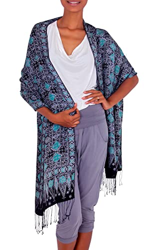 NOVICA Artisan Handmade Silk Batik Shawl in Indonesia Accessories Shawls Blue Placid Bright Cobalt Serenity Patterned ' Blue Sarangan'
