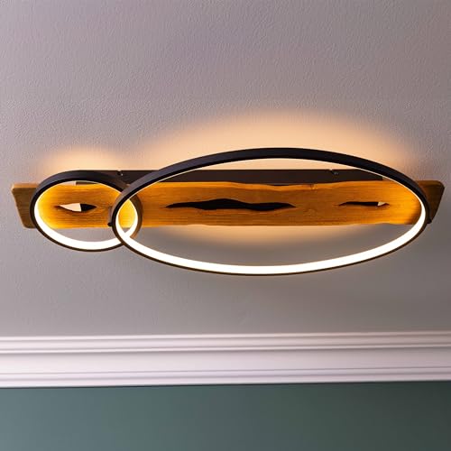 Lightbox moderna lampada da soffitto a LED in stile naturale - plafoniera con dimmer a 3 livelli e 2 anelli LED su trave di legno - 70 x 30 cm - 3300 lm, 3000 K - in legno di pino/metallo in