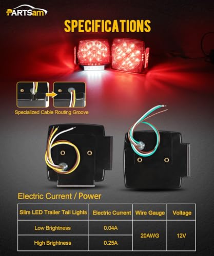 Image of Partsam Pair Slim Square LED Trailer Light Submersible Tail Lights 15 Red 4 White LEDs 5050 SMD Stop Turn Tail with Side Clearance and License Lights for Under 80 inch Boat Trailer 12V IP67 Smoke Lens