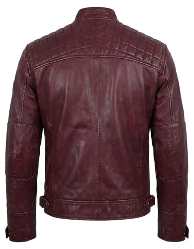 Image of Mens Vintage Retro Biker Cafe Racer Diamond Quilted Biker Jacket | Snap-Tab Collar with Adjustable Waist Genuine Leather Motorcycle Jacket