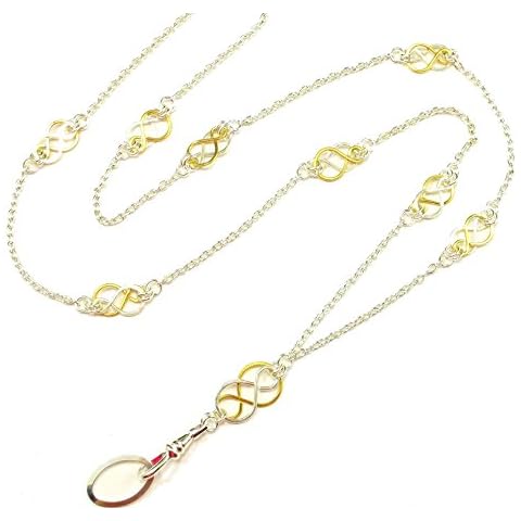 Brenda Elaine Jewelry Silver and Gold Plated Women's Fashion Lanyard Necklace ID Badge Holder, 32 Inch Silver Chain with Multiple Two Tone, Celtic Knots & Rear Lobster Clasp Cover