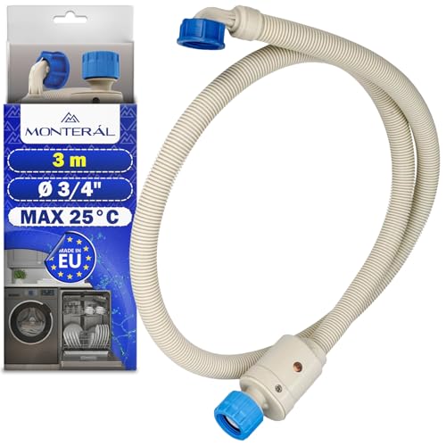Aquastop Tuyau Machine à Laver et Lave Vaisselle 3 m avec Soupape de Sécurité Droite et Coudée Ø 3/4 Tuyau Alimentation Machine a Laver Max 25°C - MADE IN EU - Garantie de 10 Ans - MONTERAL