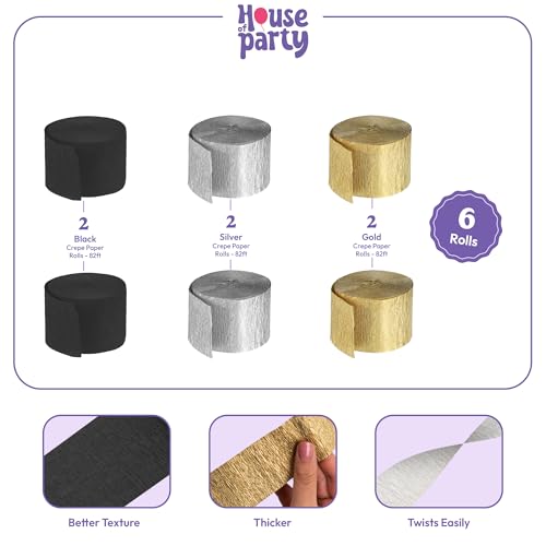 HOUSE OF PARTY Crepe Paper Black Gold Streamers for Graduation Party Decorations 6 Rolls 492ft (1.8 Inch x 82 Ft/Roll) - Pack of 2 Gold, 2 Silver, 2 Black - Thumbnail 2